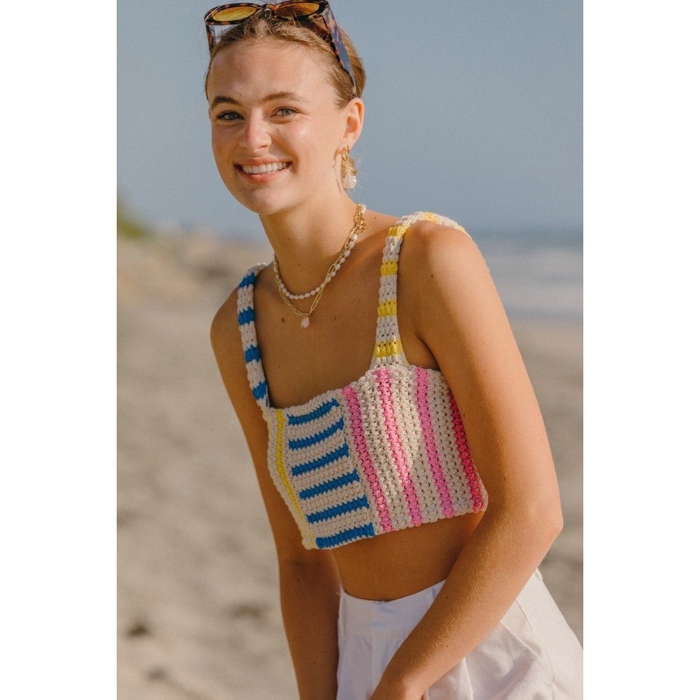 Zara Crochet Knit Tank Top Womens M Multi-Color Striped‎ Boho Crop Sleeveless